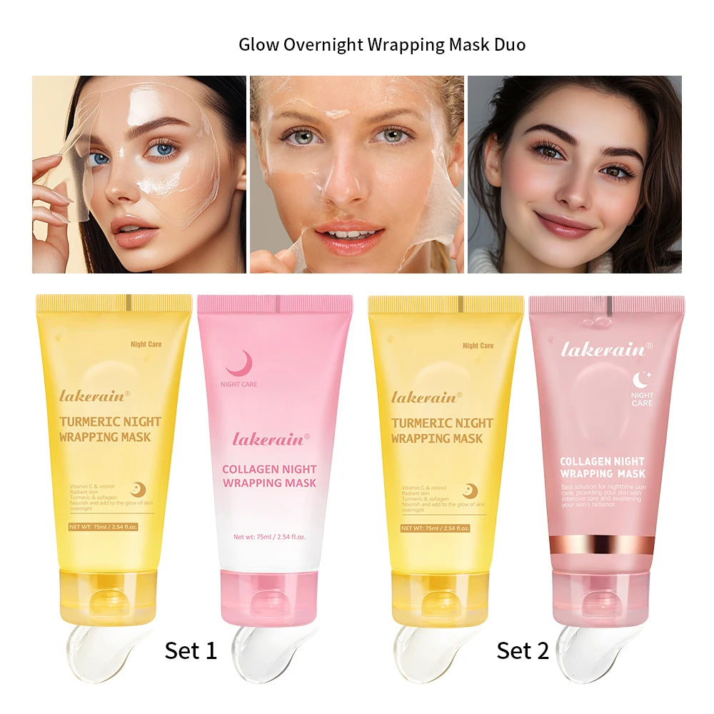 2pcs/set Turmeric & Collagen Night Wrapping Mask Deep Hydration Moisturizing Sleeping Peel Off Mask SkinCare